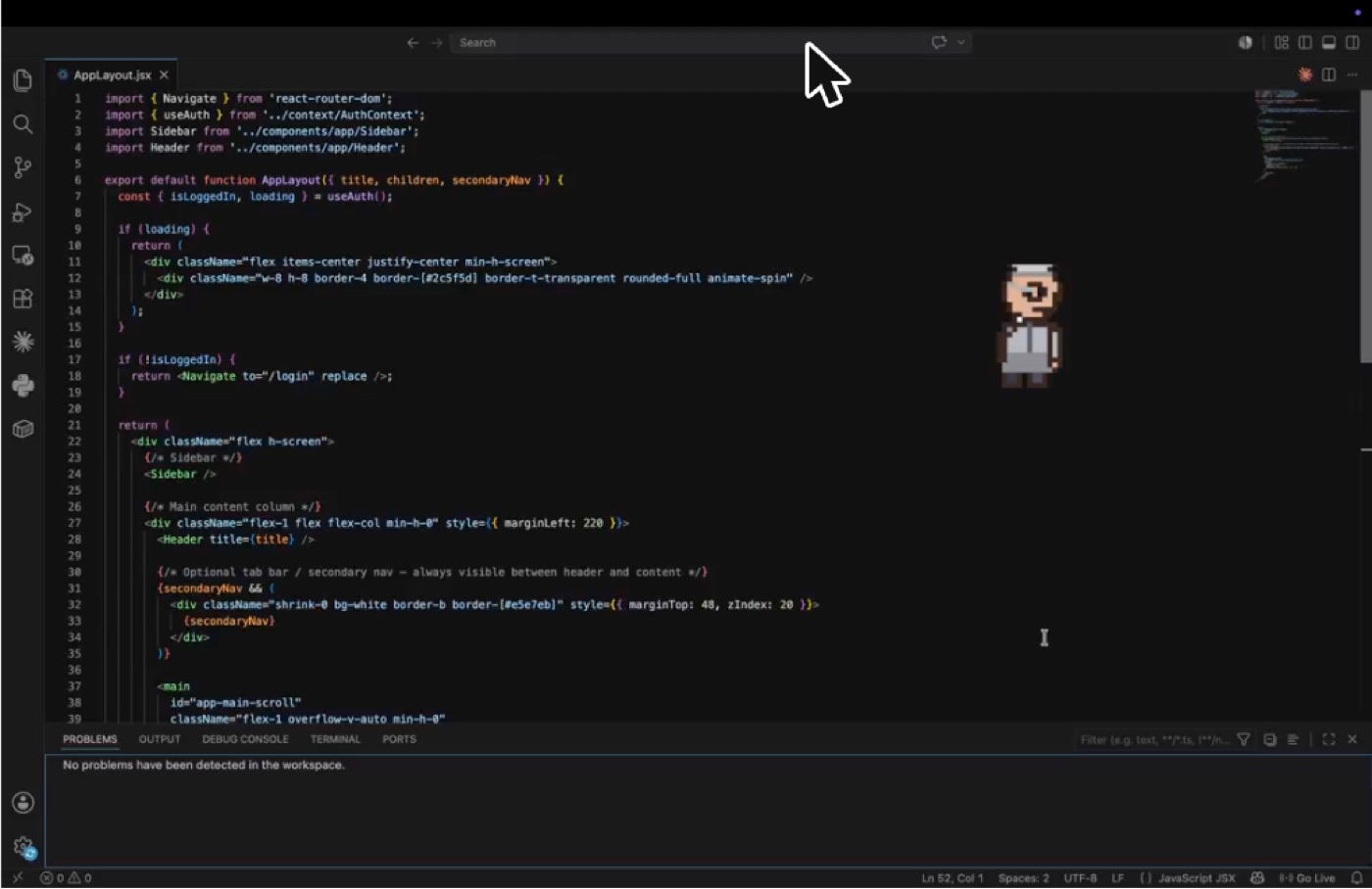 A code editor filling the screen, with a small pixel-art figure of a man in a shirt and trousers standing near the right-hand edge.